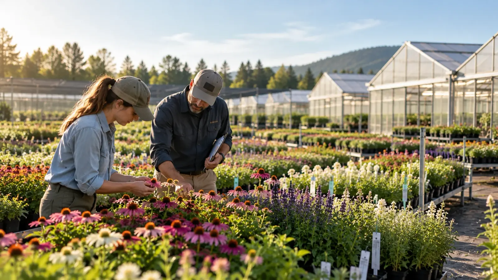 Two plant breeders examining flowering varieties