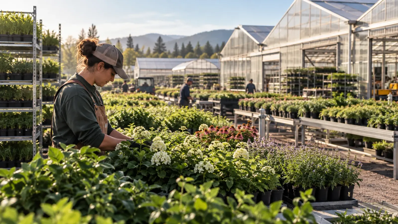 Grower inspecting plants in a nursery