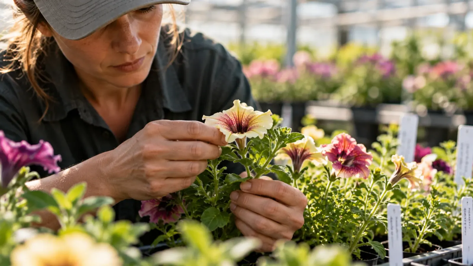Horticultural specialist closely examining a flowering plant