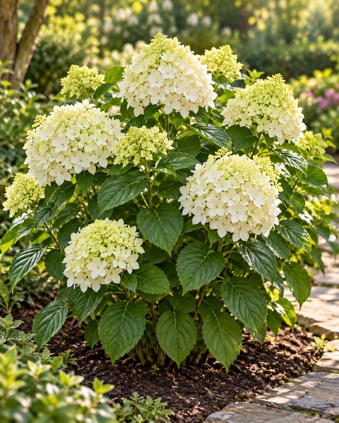A flowering white hydrangea growing in an outdoor garden bed