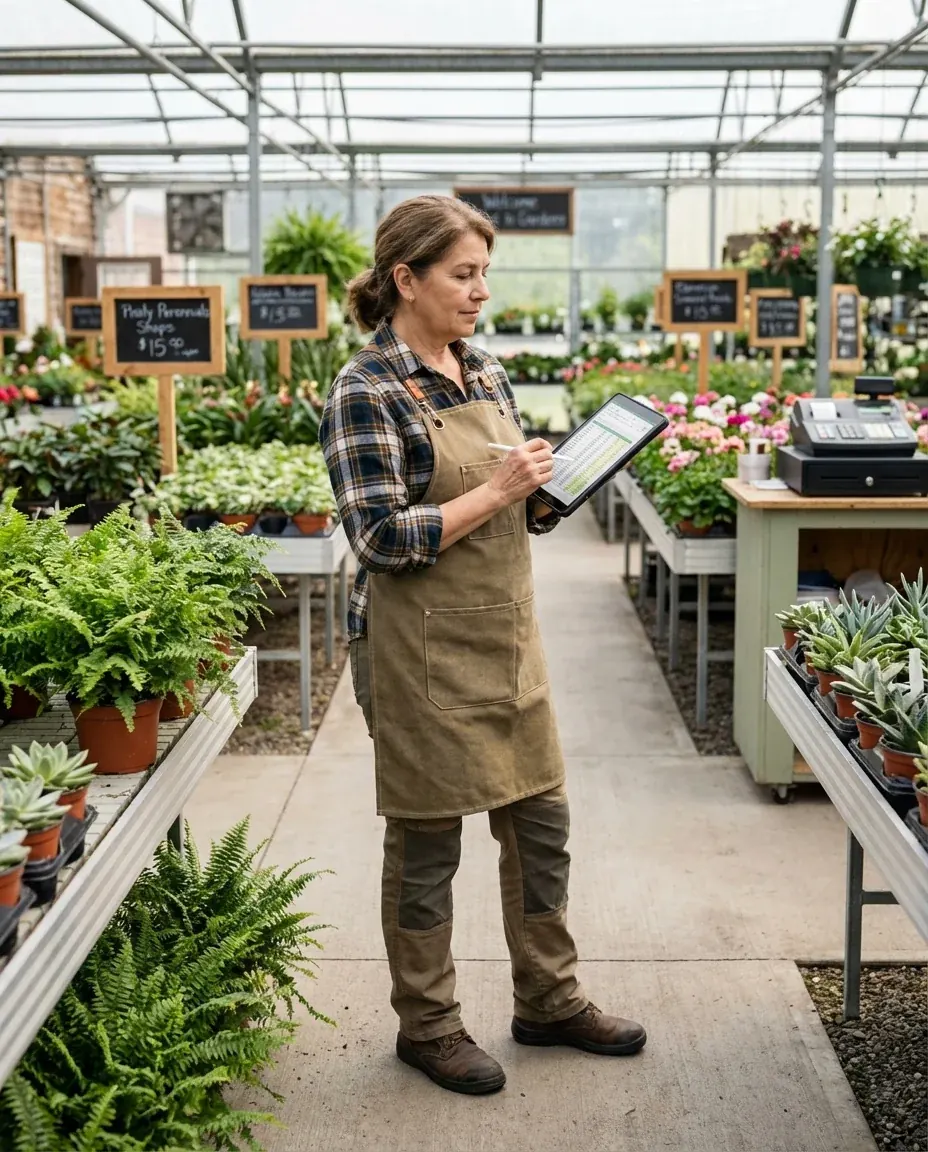 Garden center professional reviewing plant information on a tablet