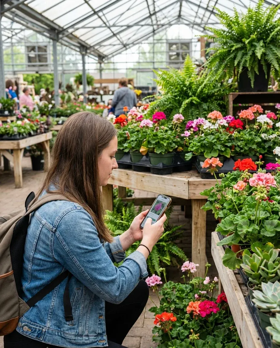 A shopper using a phone beside flowering plants in a garden center