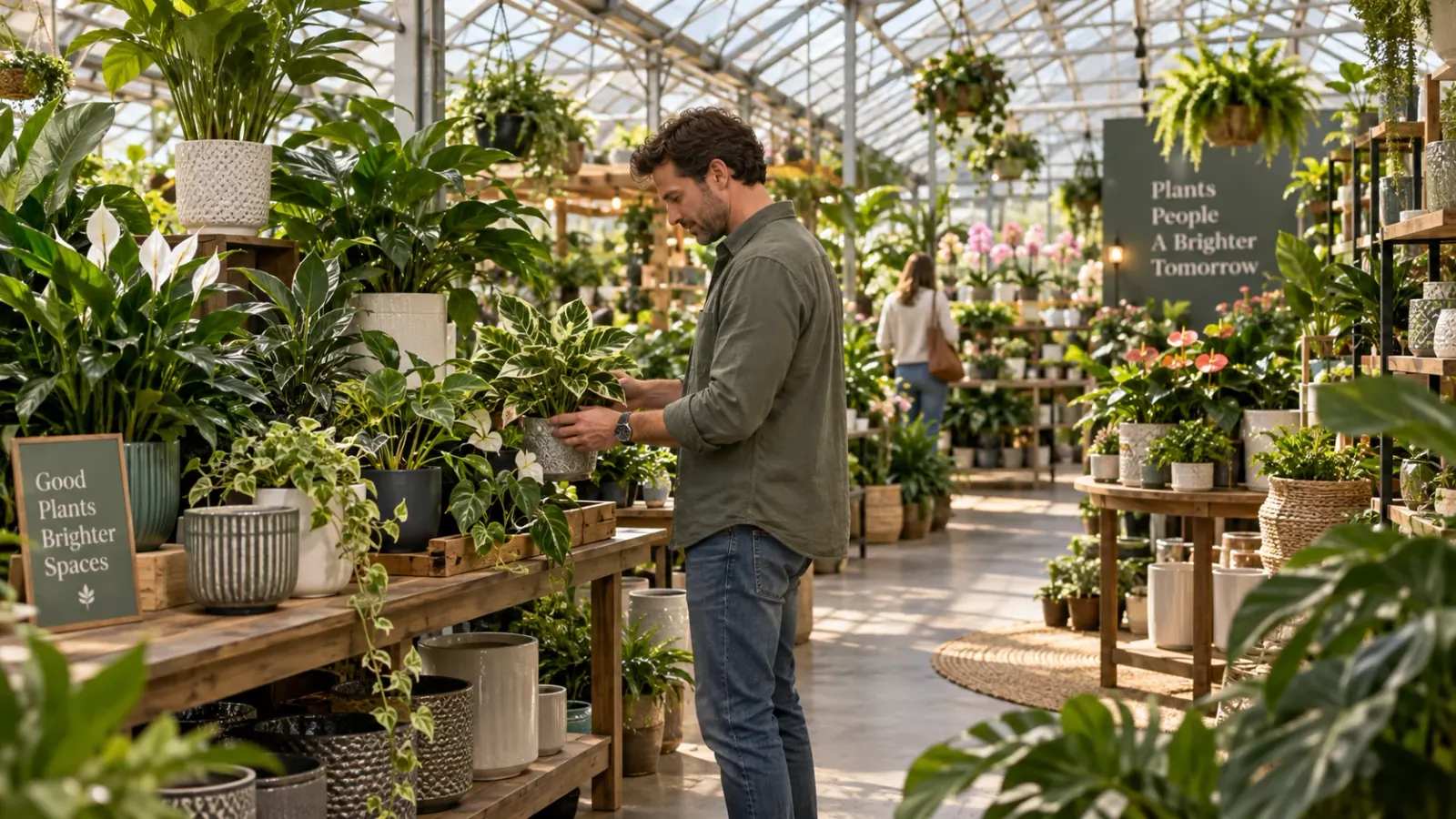 Garden center specialist reviewing plants with a tablet