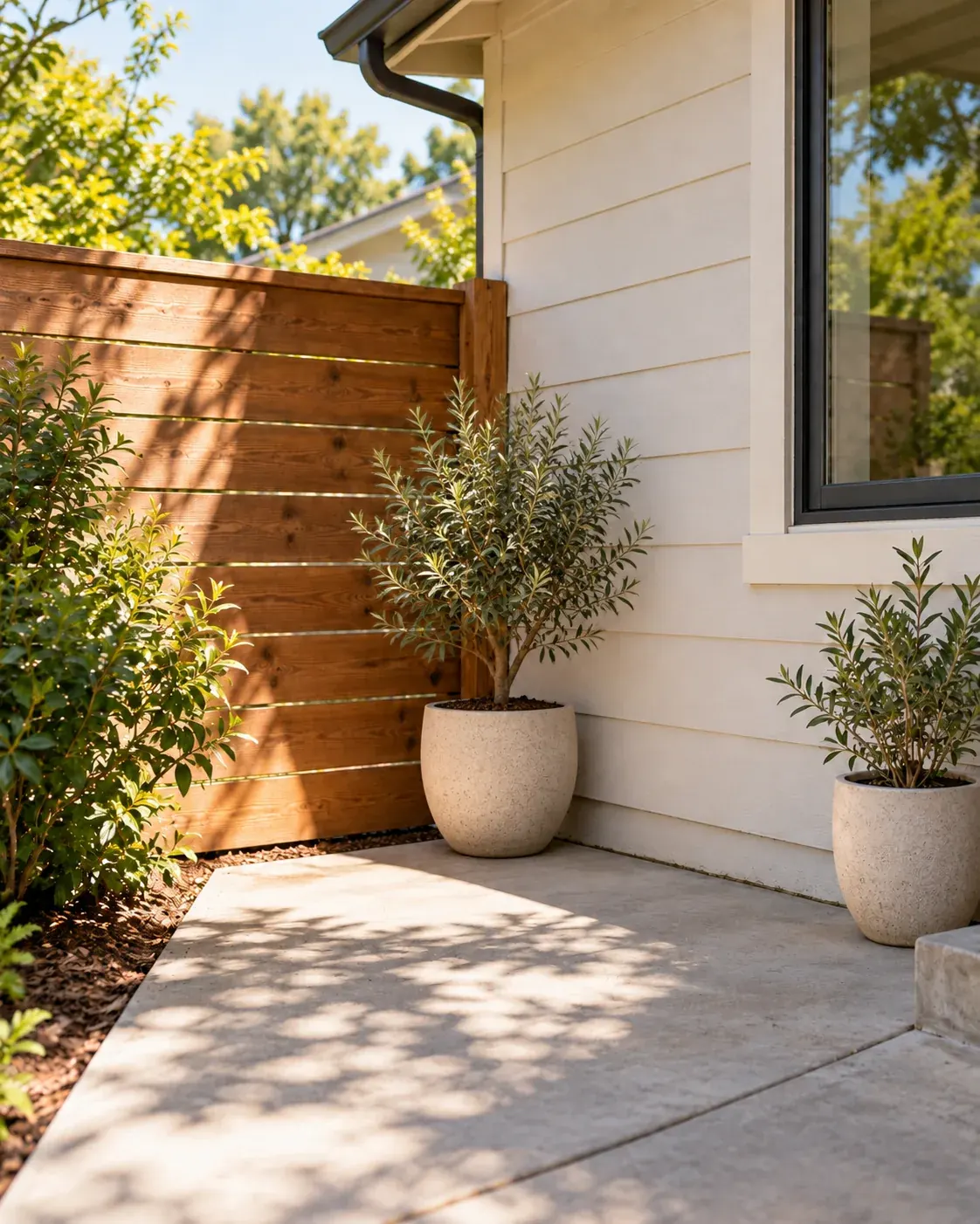 Illustrative view of the same patio corner with a potted dwarf olive