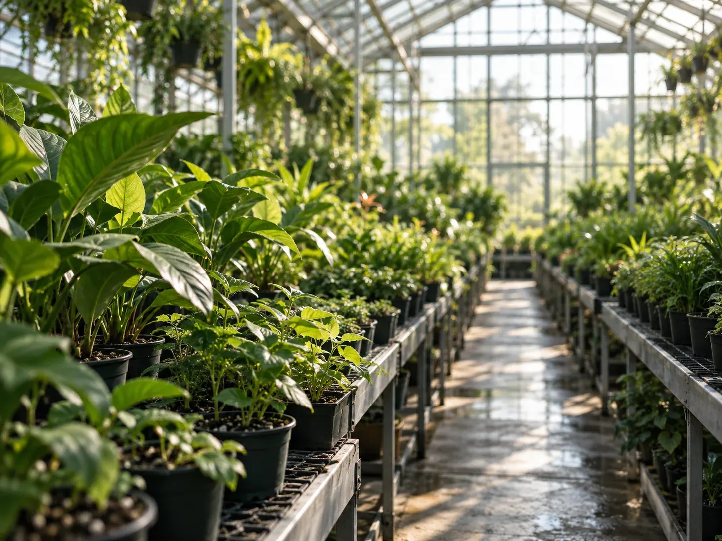 Rows of potted plants in a greenhouse