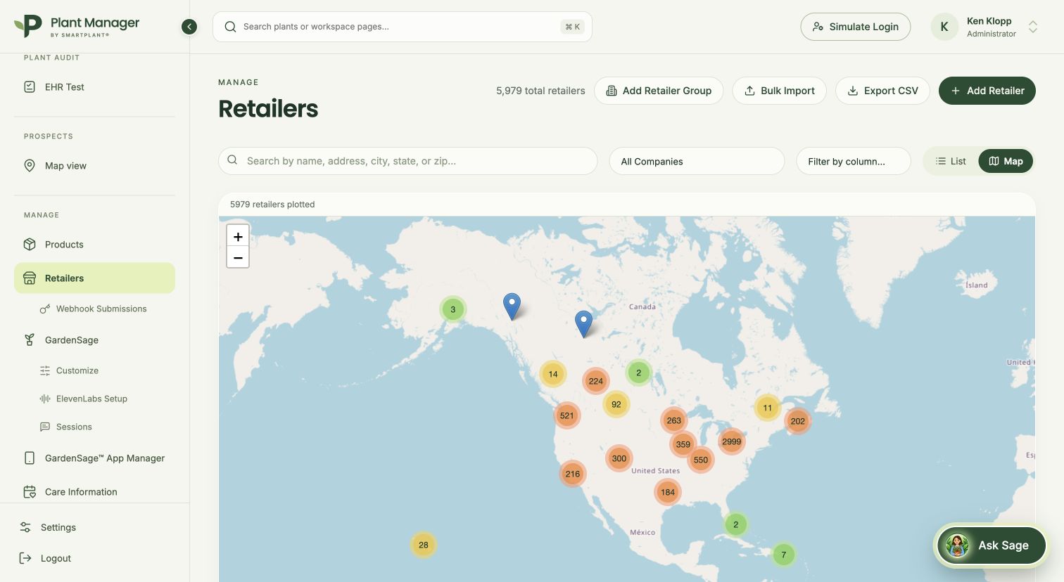 Plant Manager retailer network map with retail locations and company filters