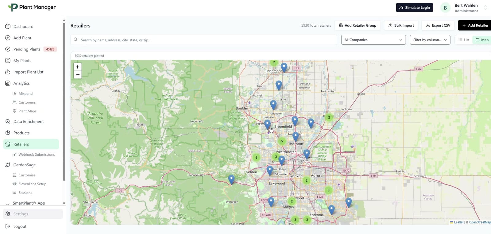 Plant Manager retailer network map with retail locations and company filters
