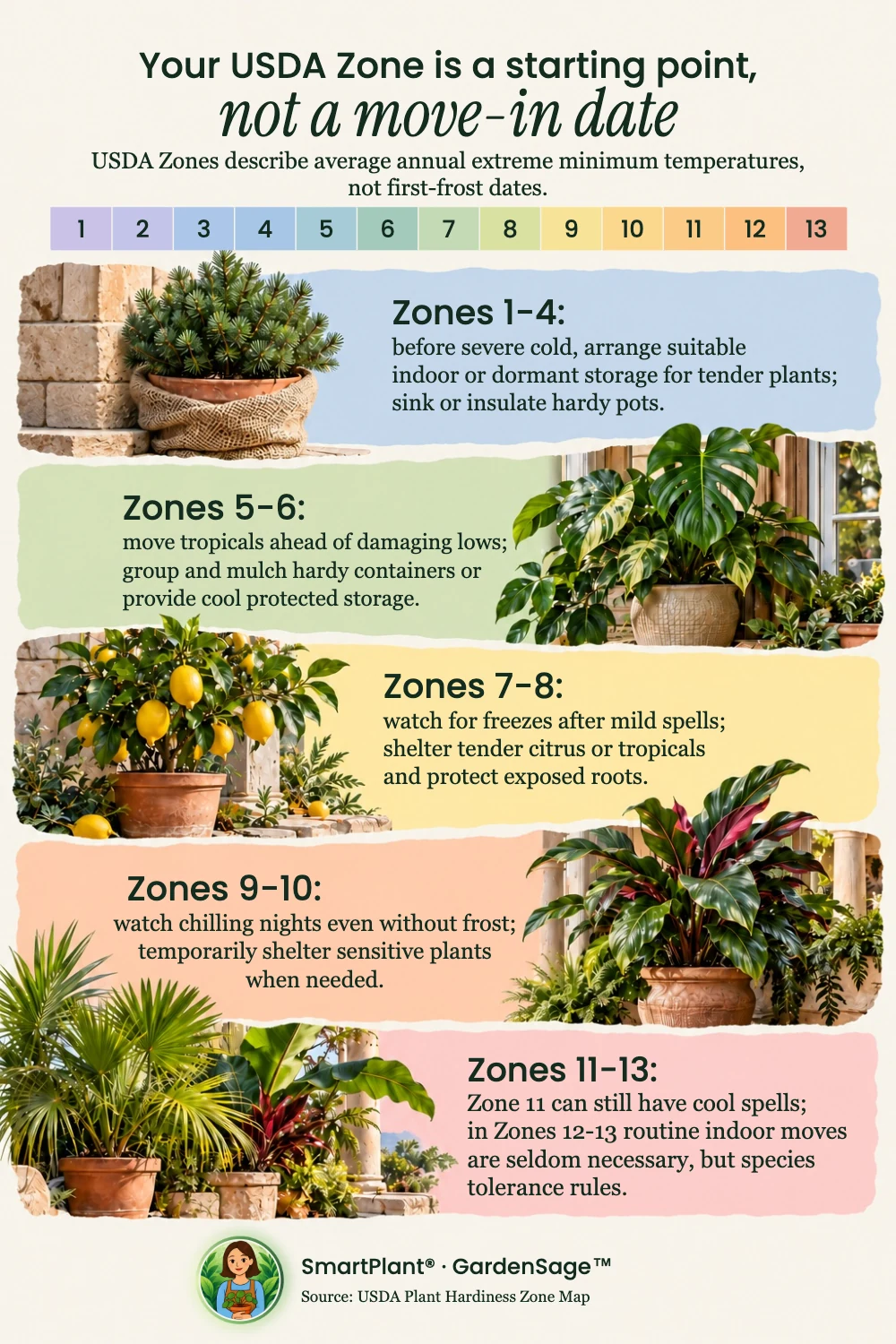 Winter plant-care actions for USDA zones 1–13, with a color scale, botanical plant scenes and the Sage avatar with an AI halo.